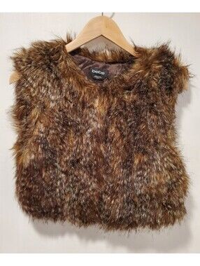 Bebe XS Cropped Crop Faux Fur Feather Vest Brown White